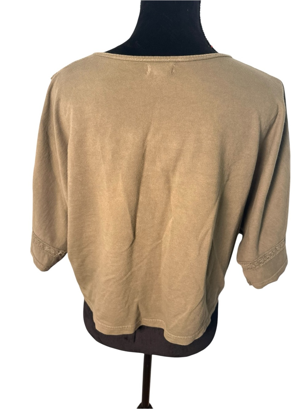 aerie | Olive Short-Sleeve Button-Front Crochet Trim Top | Sz M - Picture 4 of 7